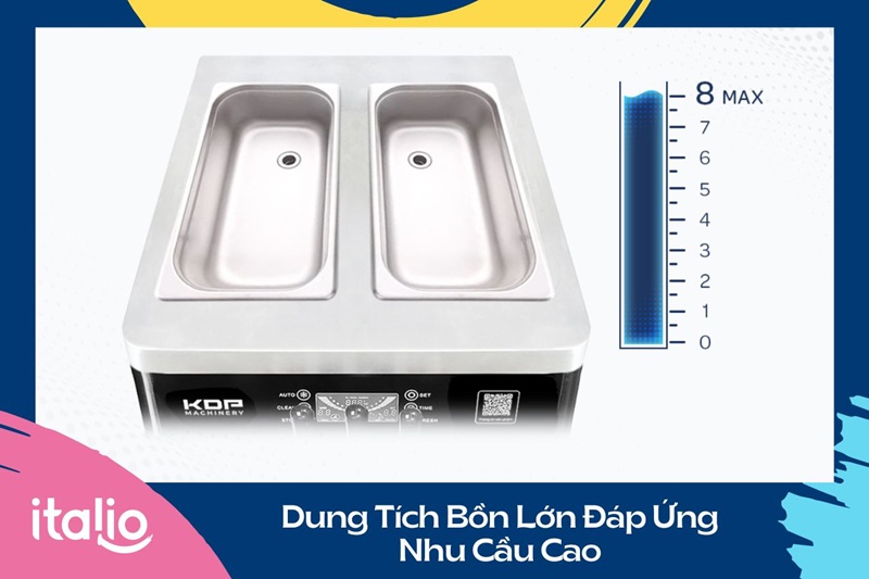 Máy làm kem tươi KDP-28T sở hữu 2 bồn chứa với dung tích lên đến 8.000ml nguyên liệu
